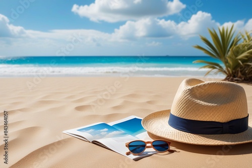 A straw hat and sunglasses lying on the beach  summer travel concept.