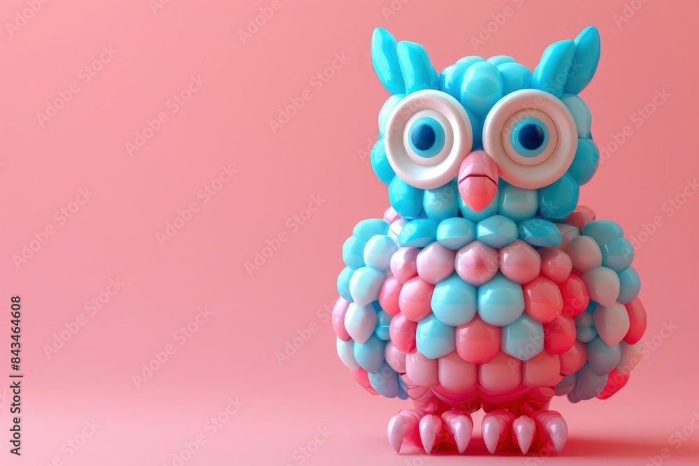 owl made of inflatable items on pink background in style of 3d. playful design, childhood, material and contemporary concept owl made of inflatable items on pink background in style of 3d. playful design, childhood, material and contemporary concept
