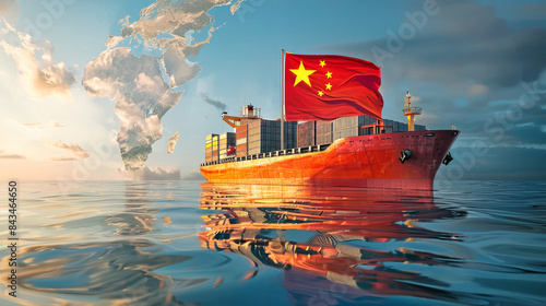 A massive container ship proudly displaying the Chinese flag as it sails across the open ocean transporting goods photo