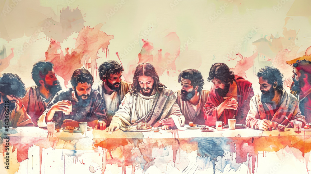 A watercolor painting depicting the Last Supper, with Jesus Christ and ...