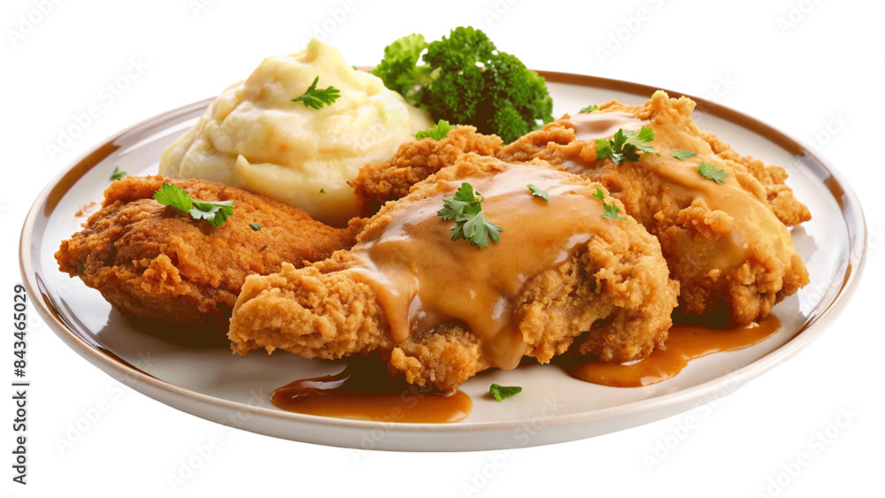 A plate of crispy fried chicken with mashed potatoes and gravy. isolated on Transparent background. A plate of crispy fried chicken with mashed potatoes and gravy. isolated on Transparent background.