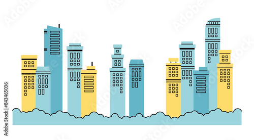 緑豊かな都会の高層ビルのパステルカラーのモダンな背景イラスト