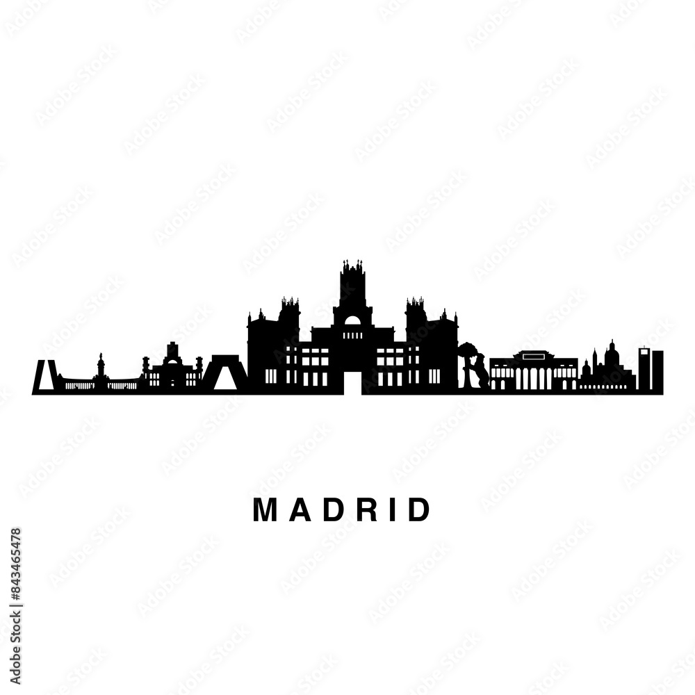 Fototapeta premium Madrid Spanish skyline horizontal banner. Black and white silhouette. Vector of famous places template for your design.