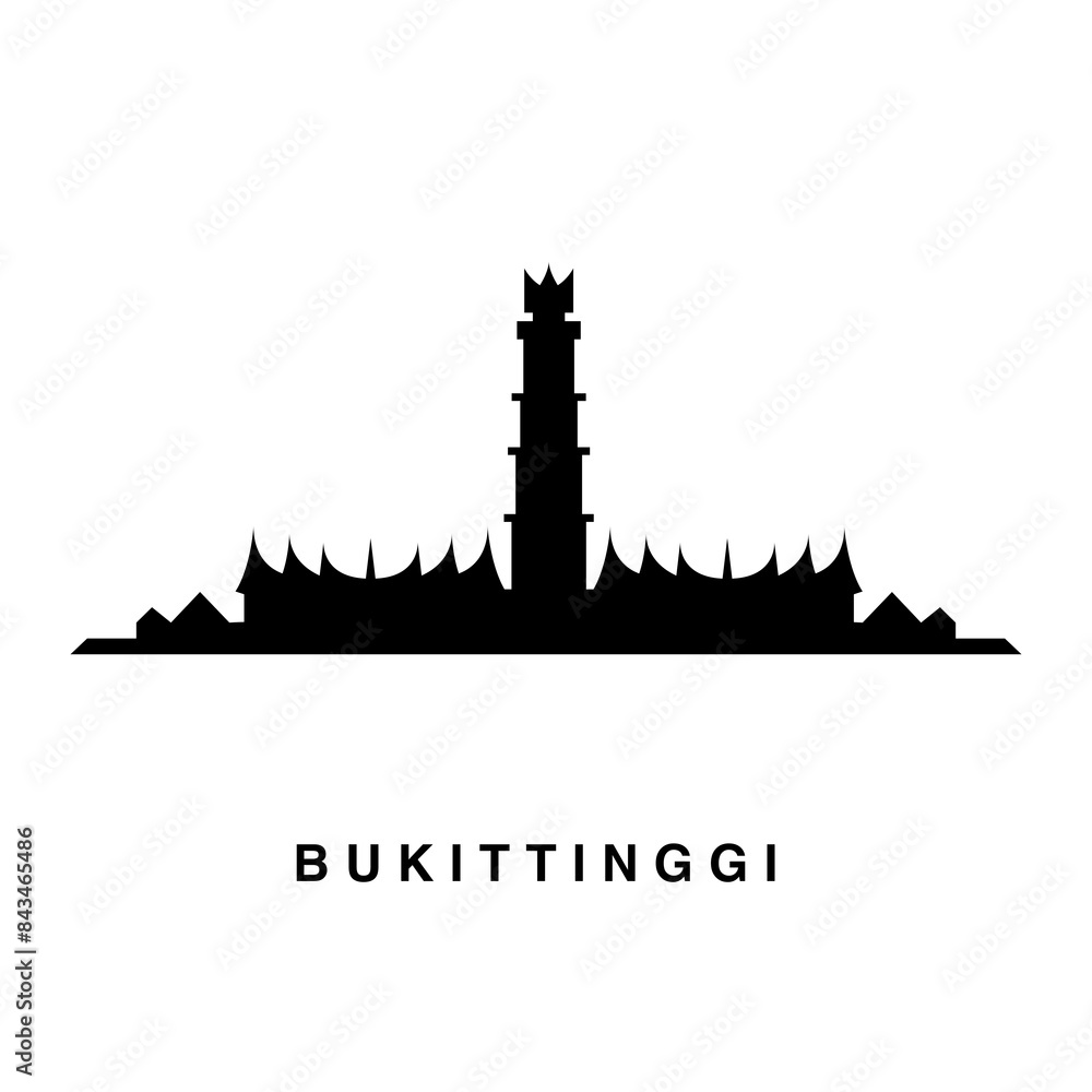 Fototapeta premium Bukittinggi Indonesia skyline horizontal banner. Black and white silhouette. Vector of famous places template for your design.