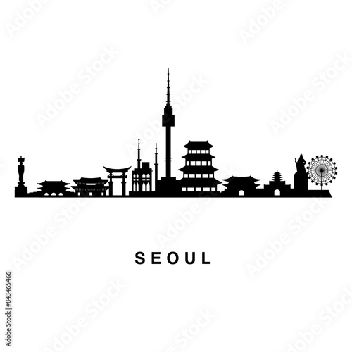Seoul South Korea skyline horizontal banner. Black and white silhouette. Vector of famous places template for your design.