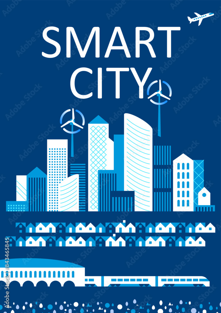 Naklejka premium Smart city concept, modern design. Urban landscape with infographic elements. Design for Web Page, Banner, Poster, Print etc. Vector Illustration.