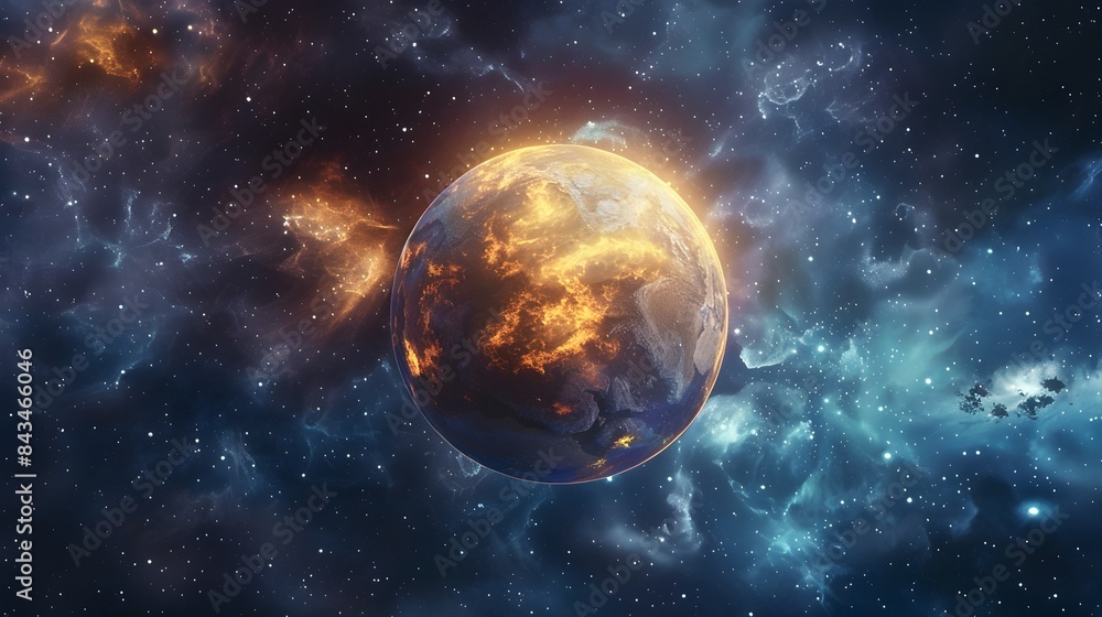 Naklejka premium Liquid 3D Planet Floating in Starry,Outer-Space Setting with Flowing,Glowing Textures