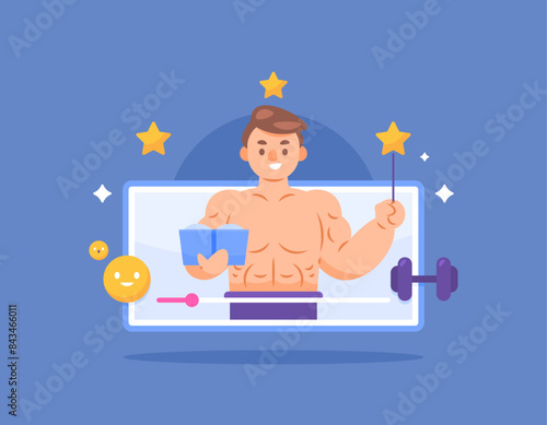 bodybuilding influencer. gym and education. educate about exercise. illustration of muscular man providing sports related information via video. illustration concept design. graphic elements