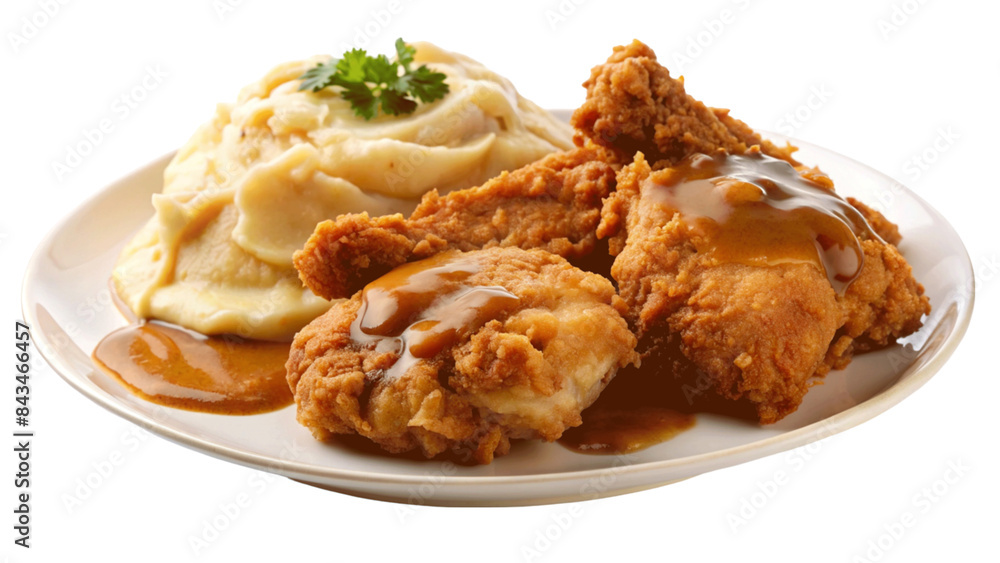 A plate of crispy fried chicken with mashed potatoes and gravy. isolated on Transparent background. A plate of crispy fried chicken with mashed potatoes and gravy. isolated on Transparent background.