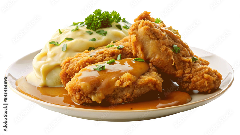 A plate of crispy fried chicken with mashed potatoes and gravy. isolated on Transparent background. A plate of crispy fried chicken with mashed potatoes and gravy. isolated on Transparent background.