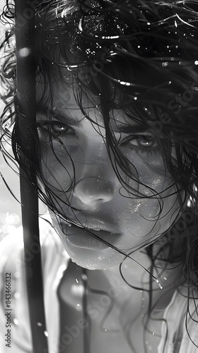Artistic close-up with wet hair and intense expression