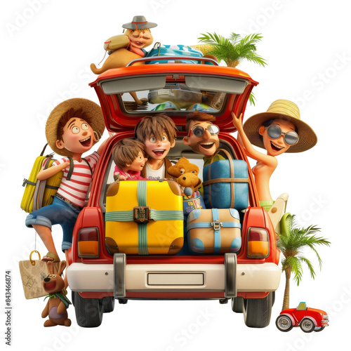 Happy family enjoying a summer vacation road trip, packed car with luggage and excited children, ready for an adventure.