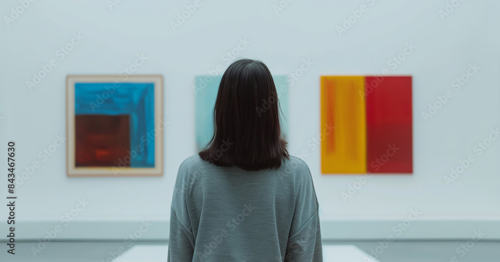 Young woman visitor stands in a modern art gallery looking at abstract paintings at the exhibition Young woman visitor stands in a modern art gallery looking at abstract paintings at the exhibition