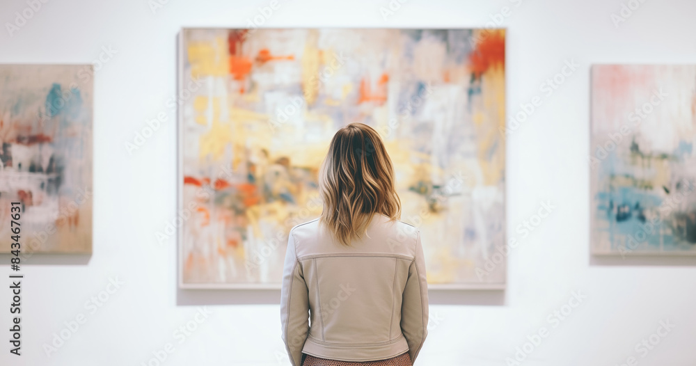 Young woman visitor stands in a modern art gallery looking at abstract paintings at the exhibition Young woman visitor stands in a modern art gallery looking at abstract paintings at the exhibition