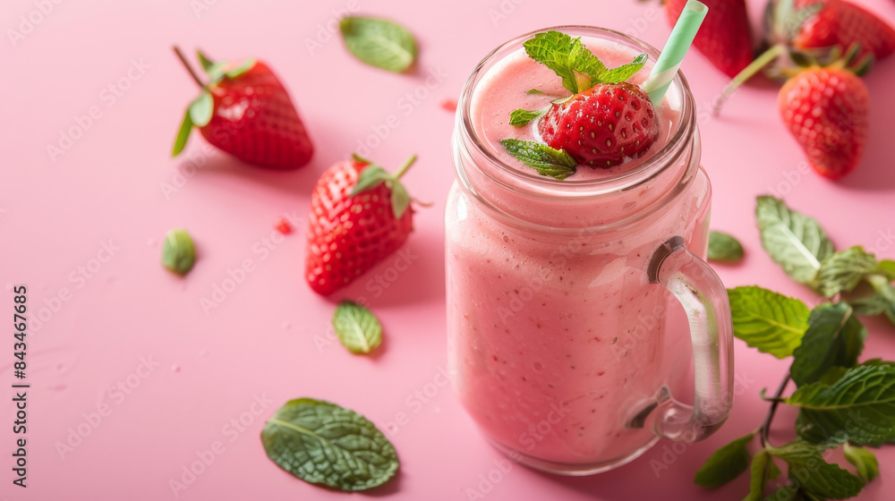 A strawberry smoothie or milkshake in a mason jar, garnished with mint, on a pink table. Healthy food option for breakfast or snack A strawberry smoothie or milkshake in a mason jar, garnished with mint, on a pink table. Healthy food option for breakfast or snack