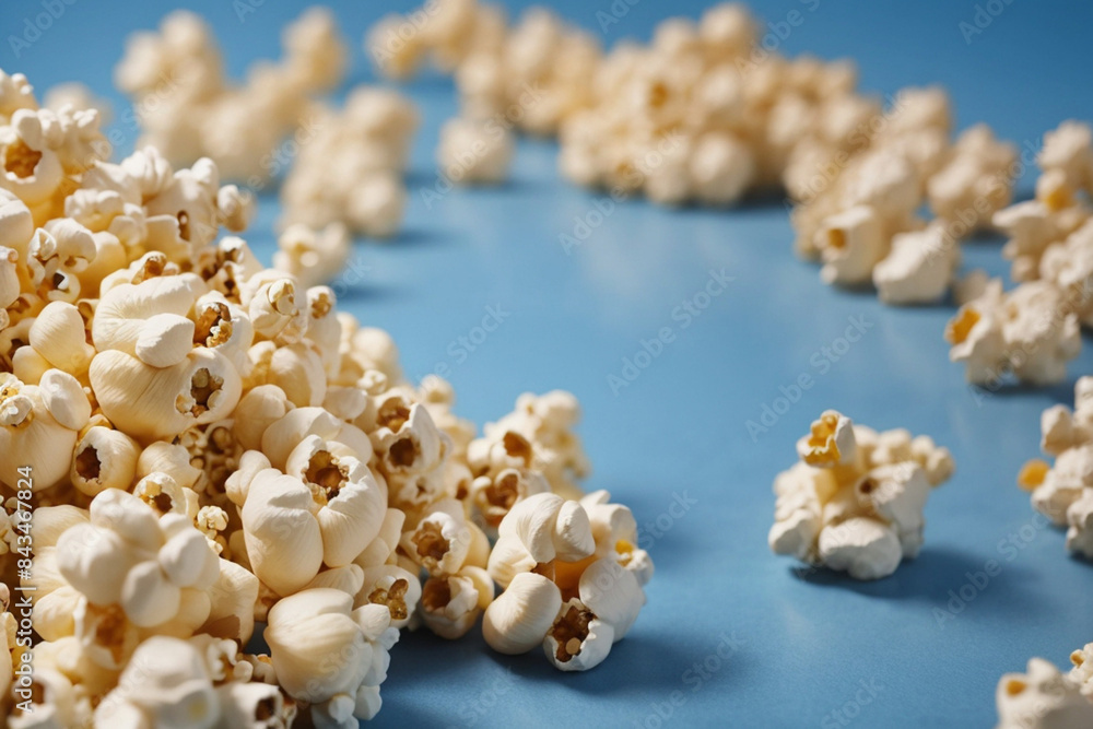 Close-Up Popcorn View, Popcorn on Blue Wooden Table, Generative AI Close-Up Popcorn View, Popcorn on Blue Wooden Table, Generative AI