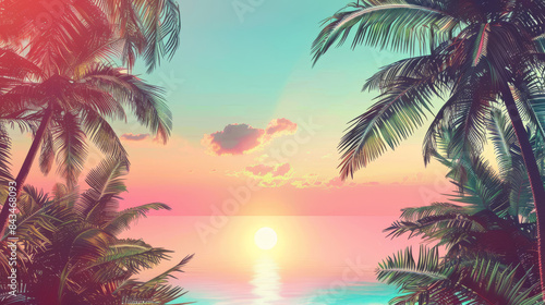 Tropical summer background with palm trees, sky, and sunset
