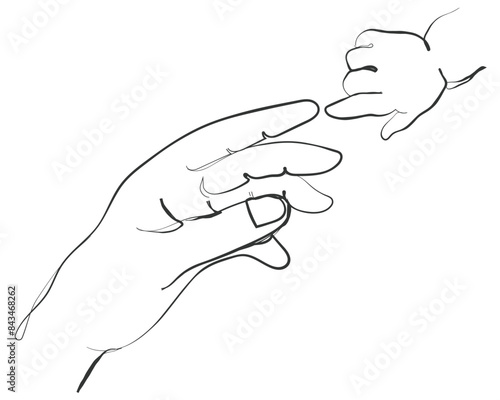 Hand drawn line art vector of parenthood and tender touch of babies. motherhood and fatherhood concept.