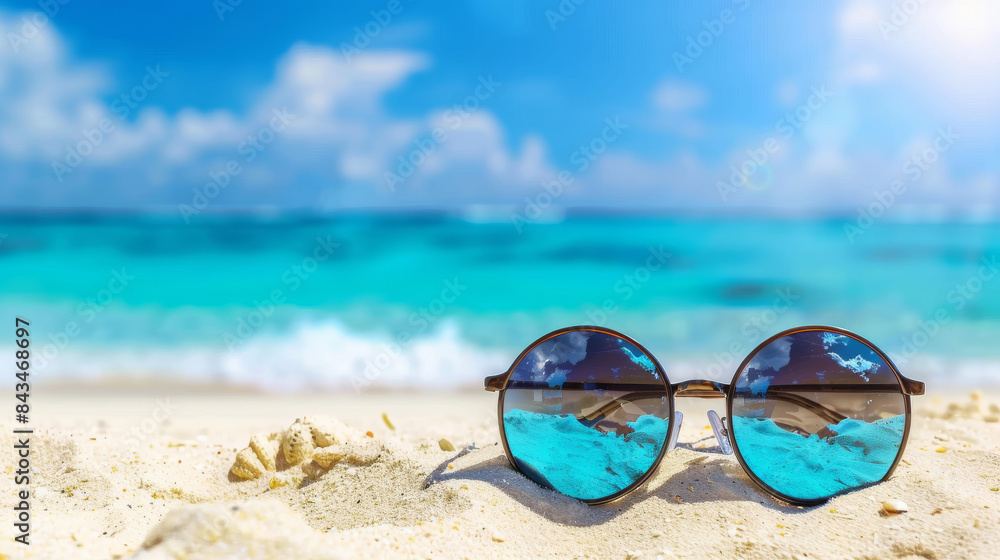 Sunglasses on beach, sand, wawes. Close up Sunglasses on beach, sand, wawes. Close up