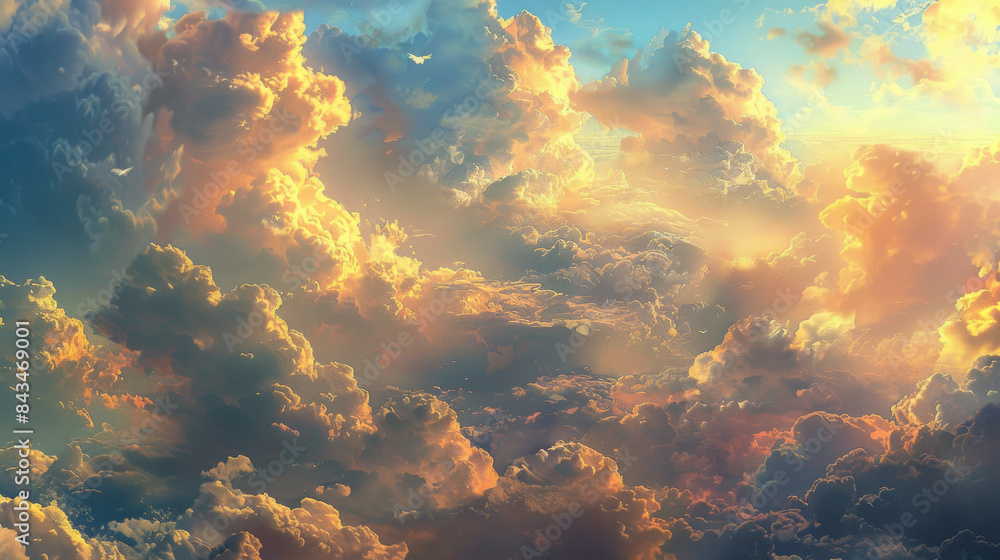 Obraz premium The sky is filled with fluffy white clouds, creating a serene