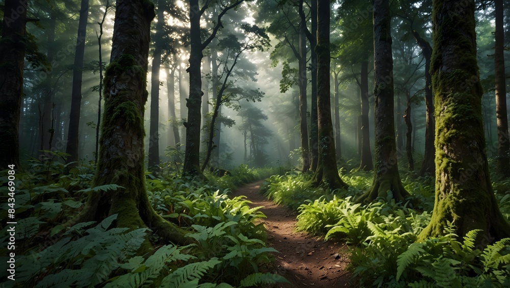 Naklejka premium The mystical allure of the verdant mountains, where ancient forests thrive and hidden creatures roam ai_generated