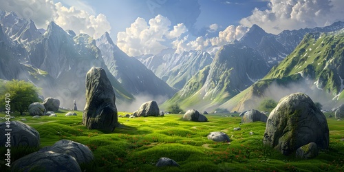 Summer or spring landscape with green grass on valley with large stones surrounded by mountains background. photo