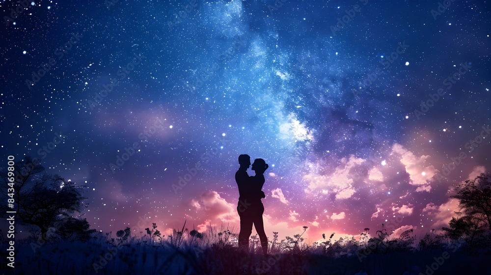 Lovers Embracing Under Starry Night Sky in Romantic,Dreamy Atmosphere Lovers Embracing Under Starry Night Sky in Romantic,Dreamy Atmosphere