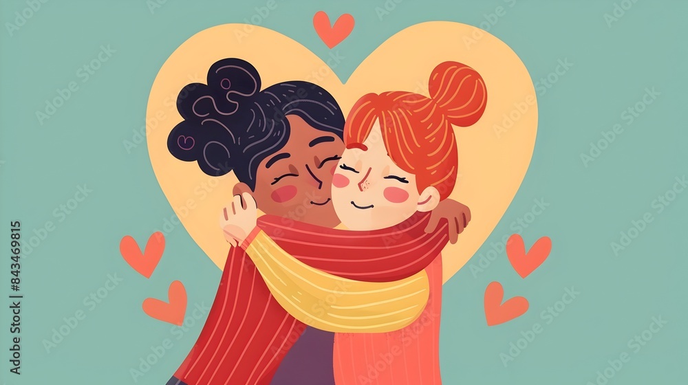 Warm Embrace of Friendship:Vector of Two People Hugging with a Heart-Shaped Background