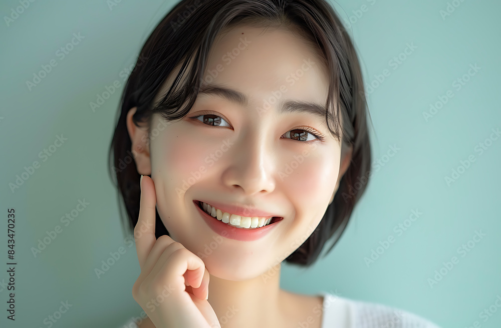 beautiful Korean woman her thirty smiling pointing upper left side of her mouth one finger wearing white background color should light green or gray blue creating atmosphere feel like set indoors beautiful Korean woman her thirty smiling pointing upper left side of her mouth one finger wearing white background color should light green or gray blue creating atmosphere feel like set indoors