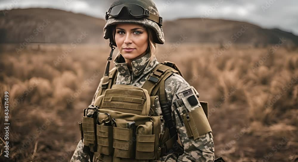 Female soldier with military equipment. Female soldier with military equipment.