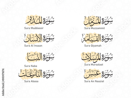 The names of the Holy Quran Surahs with a decorative background
