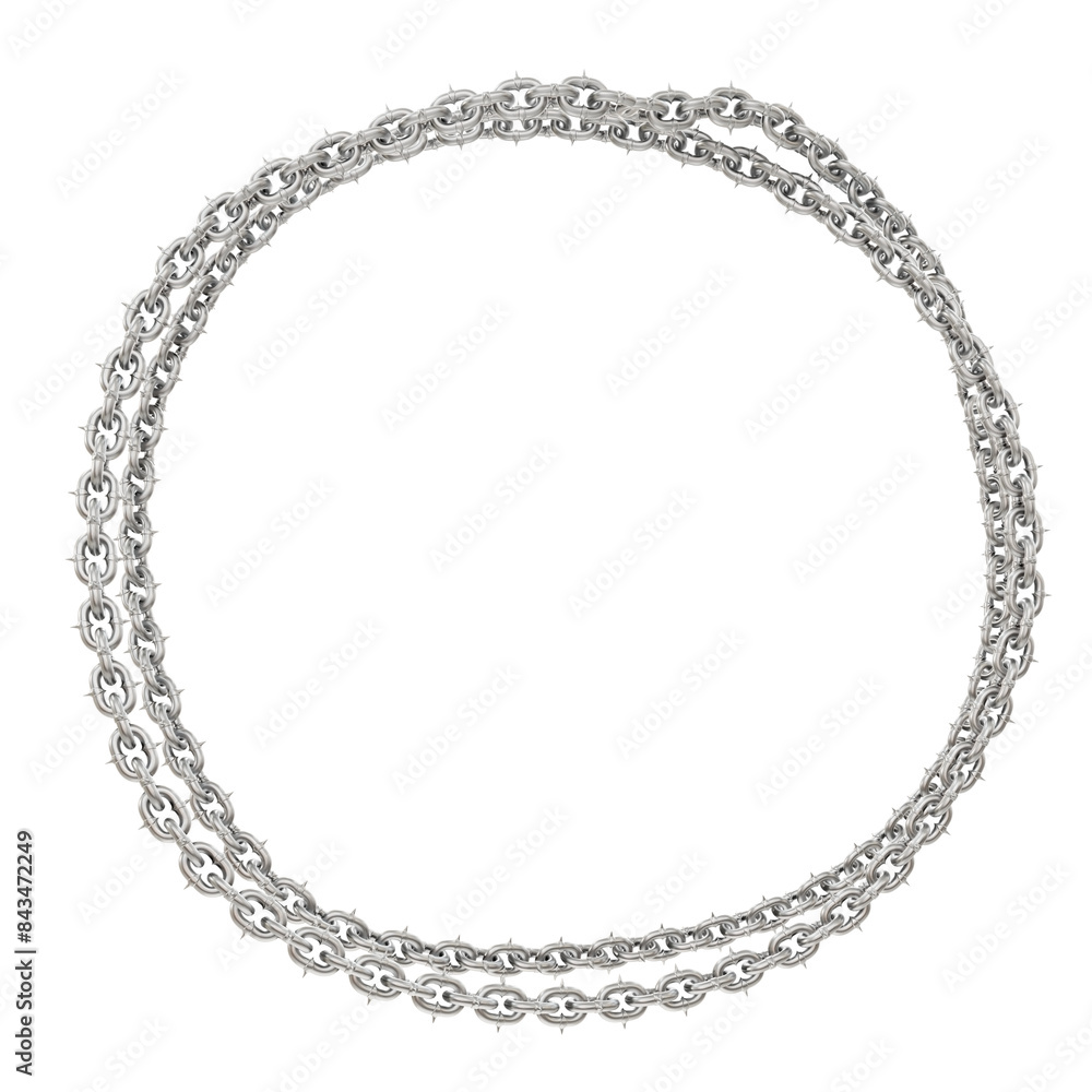 Abstract Chain Link Frame. 3D illustration showcases an abstract design element: sharp-tipped metal chains forming a circular frame (transparent PNG). Abstract Chain Link Frame. 3D illustration showcases an abstract design element: sharp-tipped metal chains forming a circular frame (transparent PNG).
