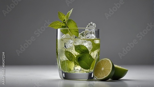 Cool refreshing mojito cocktail with ice cubes, lime and fresh mint leaves