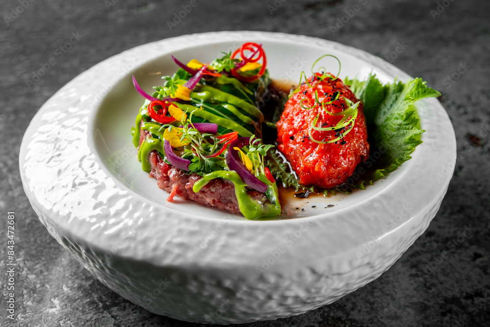 Gourmet dish with two pieces of red meat, garnished with herbs, served on a white plate against a dark background. Gourmet dish with two pieces of red meat, garnished with herbs, served on a white plate against a dark background.