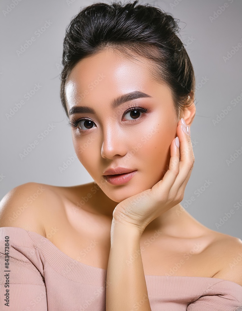 Beautiful Asian woman in her thirties modeling for a skincare commercial