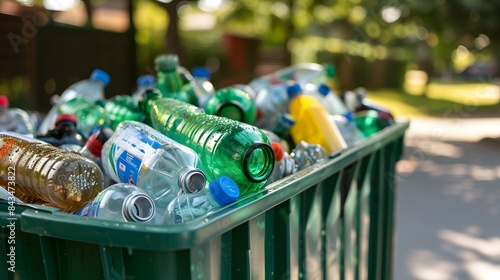 Close-up of a green recycle bin filled with sorted recyclable materials, showcasing responsible waste management