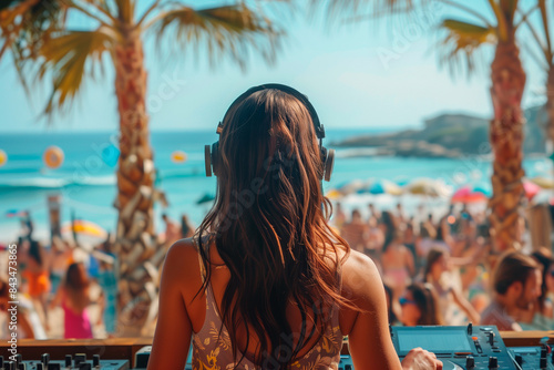 back view of beautiful woman DJ with headphones on stage at beach club, people dancing in background © KEA