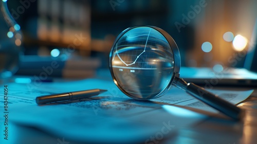 Stock market magnifying glass, stock charts