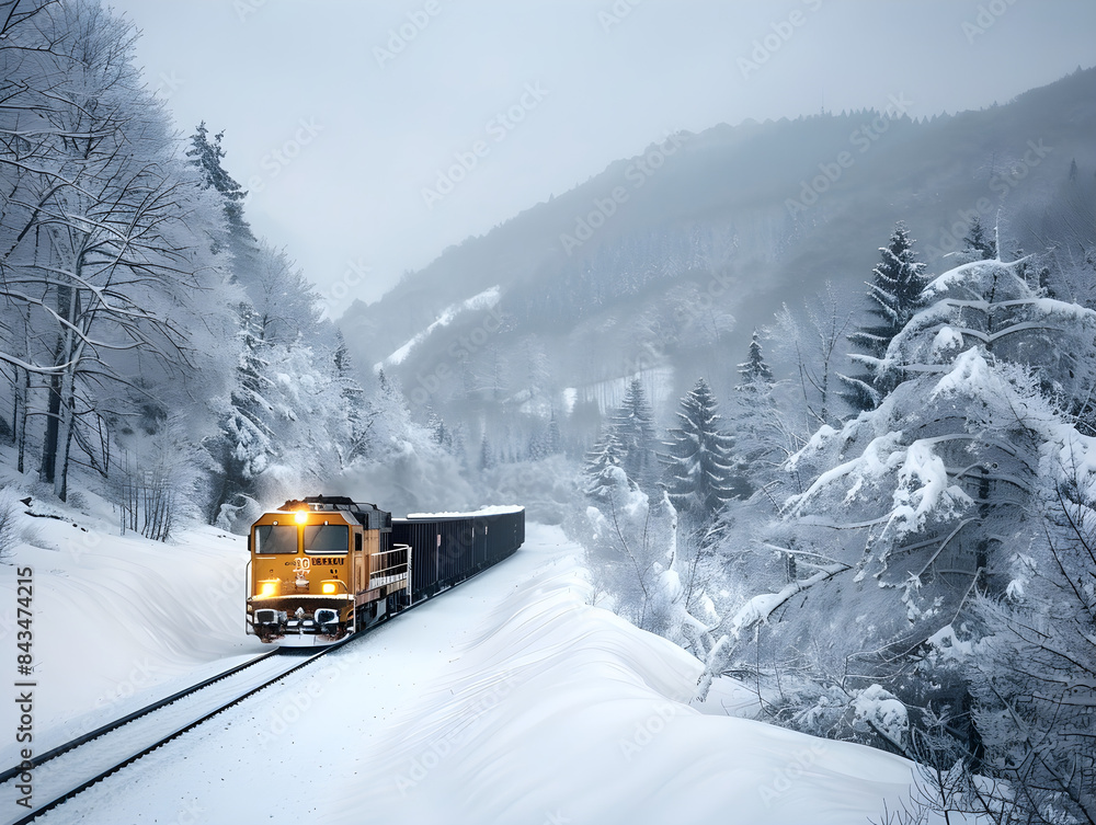 A long freight train chugs through snowy fields under a bright blue sky, trees lining tracks. A long freight train chugs through snowy fields under a bright blue sky, trees lining tracks.