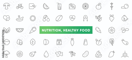 Nutrition and healthy food icons set. Detox Diet, Metabolism, Caunt Calories, Palm oil free, Zero thans fat, Probiotics, vegetables line icon pack. Outline icons collection. photo