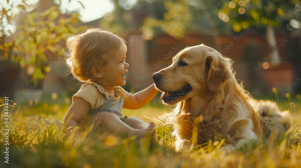 Photo of a little smiling child playing with a dog on the grass in the garden on a sunny day with a bright sky. Photo of a little smiling child playing with a dog on the grass in the garden on a sunny day with a bright sky.