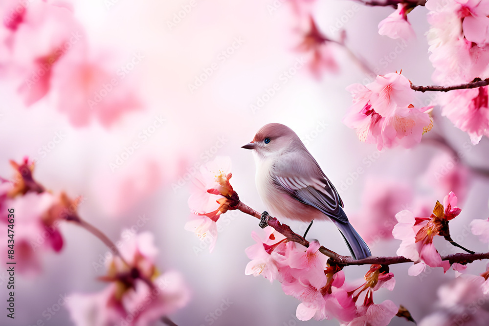 A delicate bird perches gracefully on a branch adorned with vibrant pink cherry blossoms, creating a serene and picturesque scene. A delicate bird perches gracefully on a branch adorned with vibrant pink cherry blossoms, creating a serene and picturesque scene.