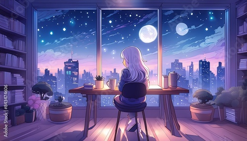 lofi anime night time cityscape from window, beautiful moon and stars in sky, cute girl with long white hair sitting at desk