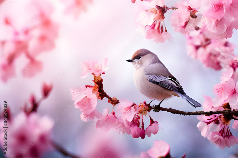 A delicate bird perches gracefully on a branch adorned with vibrant pink cherry blossoms, creating a serene and picturesque scene. A delicate bird perches gracefully on a branch adorned with vibrant pink cherry blossoms, creating a serene and picturesque scene.