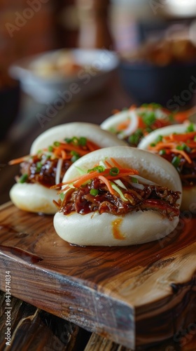 Delicious Fusion Delight - BBQ Pulled Pork Bao Buns with Tangy Pickled Vegetables photo