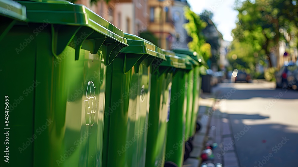 Stack of green recycling bins in an urban setting, ready for collection and processing, promoting eco-friendly practices Stack of green recycling bins in an urban setting, ready for collection and processing, promoting eco-friendly practices