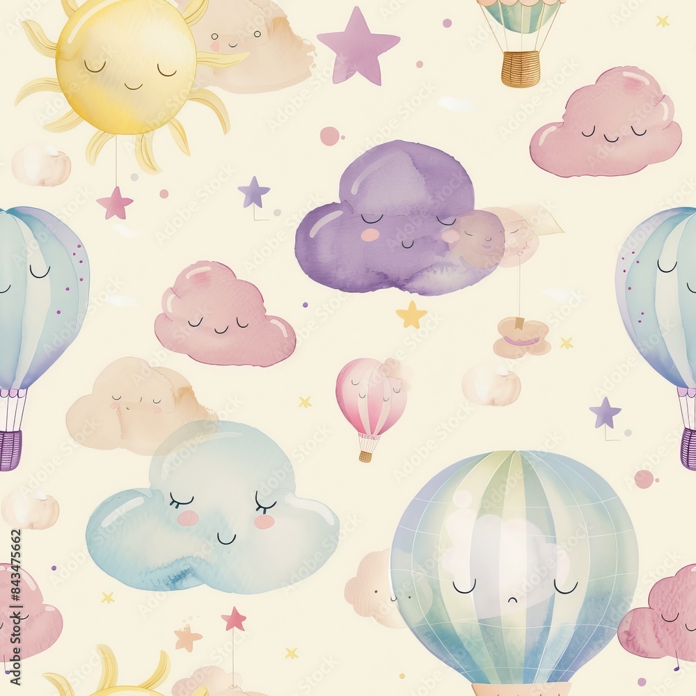 A whimsical pattern of hot air balloons, fluffy clouds, and smiling suns, in dreamy pastel tones of lavender, pink, and pale blue, floating on a light cream background A whimsical pattern of hot air balloons, fluffy clouds, and smiling suns, in dreamy pastel tones of lavender, pink, and pale blue, floating on a light cream background
