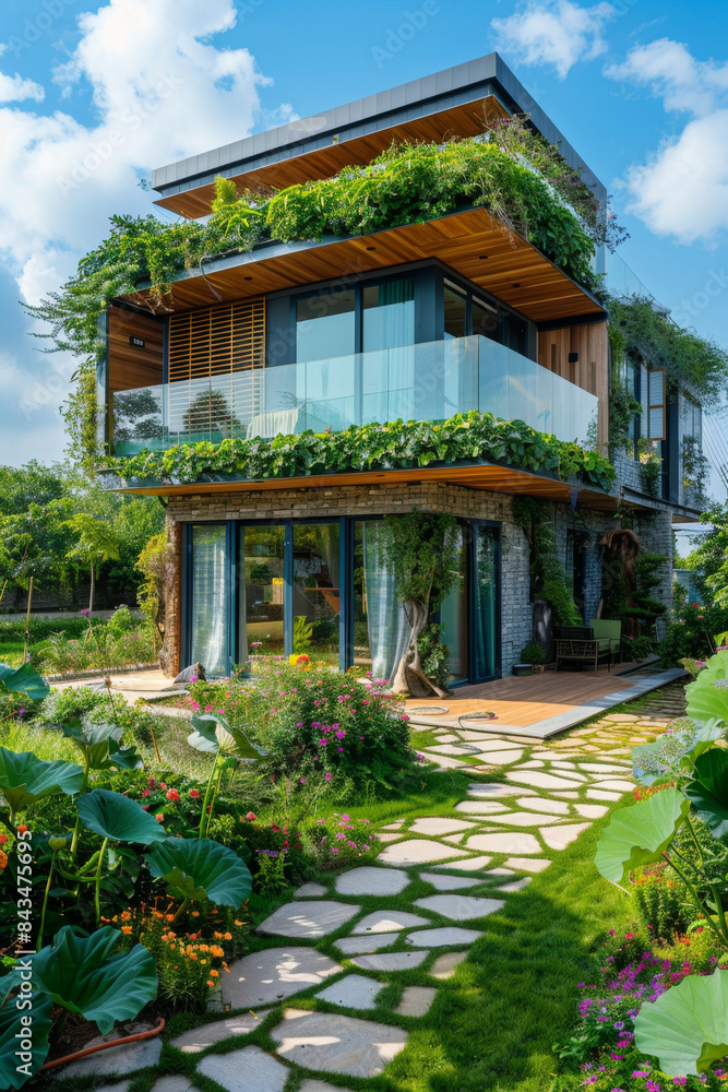 Modern eco-house with garden in sunny suburb, promoting environmental living Modern eco-house with garden in sunny suburb, promoting environmental living