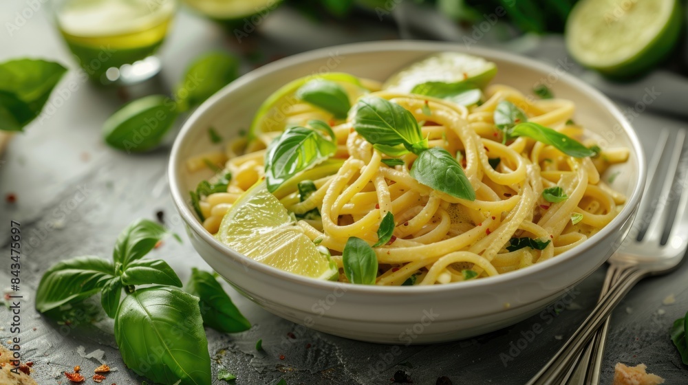 Creative Fusion Cuisine - Pasta with Thai Green Curry Sauce Studio Shot Creative Fusion Cuisine - Pasta with Thai Green Curry Sauce Studio Shot