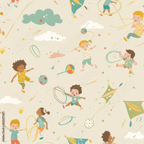 A playful, seamless pattern of cartoon-style kids playing with kites, balls, and hula hoops, in pastel shades of sky blue, grass green, and sunshine yellow, on a light tan background